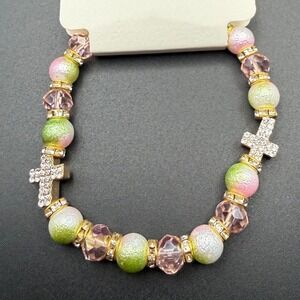 Pink Green Beaded Stretch Bracelet Gold Tone Rhinestone Cross Charms Religious